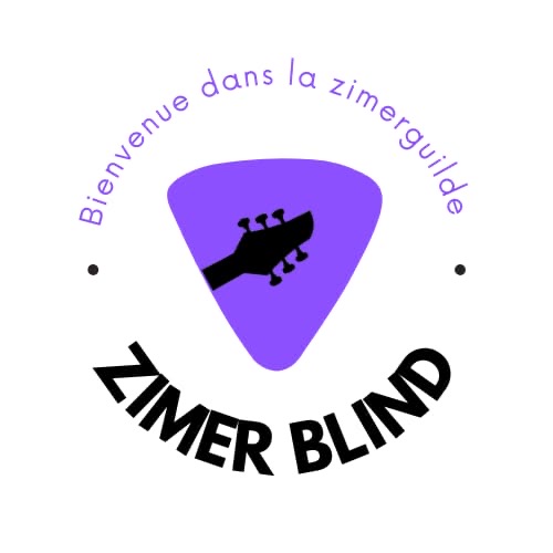 Un logo circulaire dans lequel est visible un mediator au sein duquel se trouve un manche de guitare. Le texte "Bienvenue Dans La Zimer Guilde" est lisible tout autour du cercle.